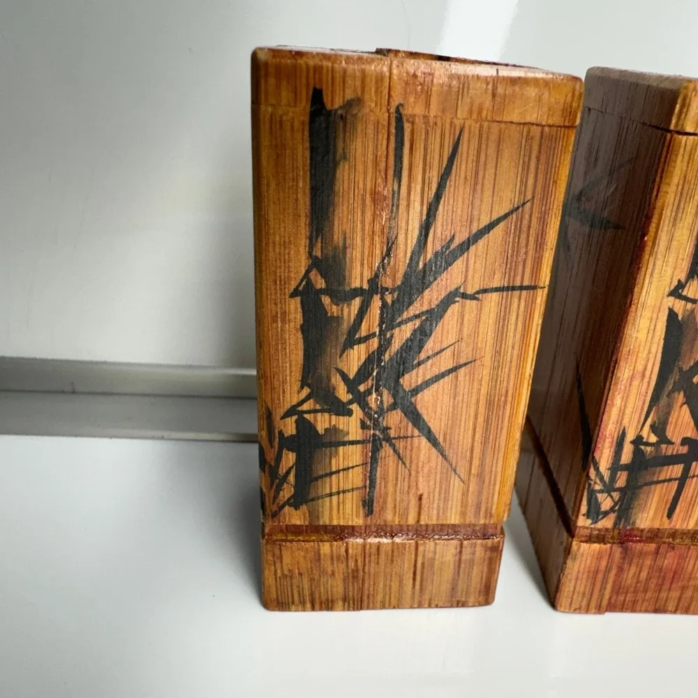 Vintage Bamboo Boxes Set of 2 Hand Painted Bamboo Art‎ Decor Storage